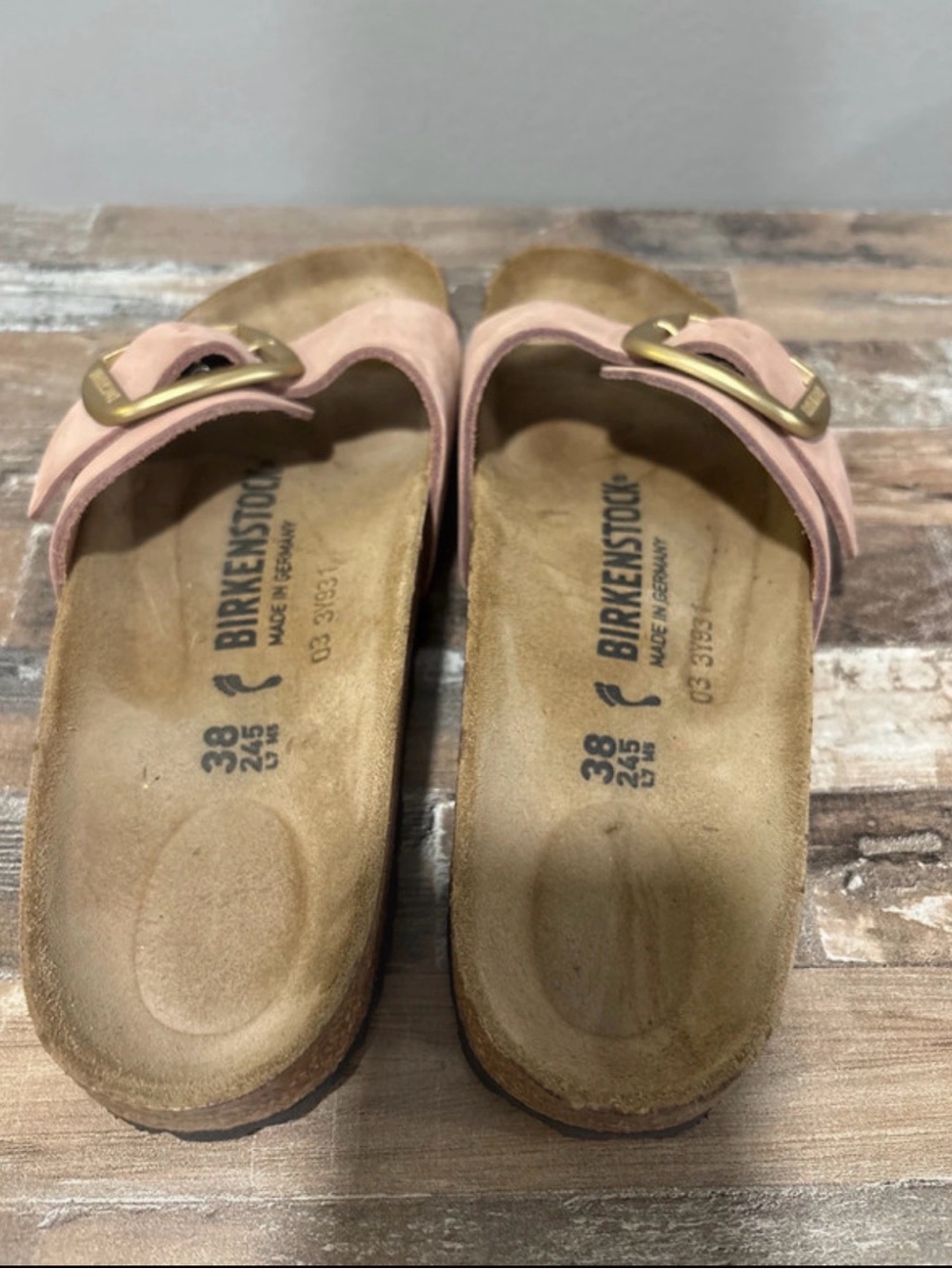Birkenstock Women's Pink Suede Single Strap Slide with Brass Buckle